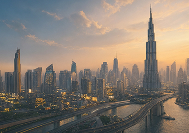 City skyline at sunset